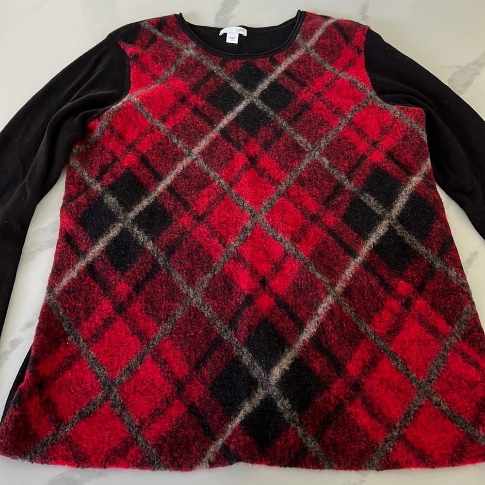J. Jill Plaid Red and Black Wool/Cotton Sweater. Women’s Size Small. Argyle.